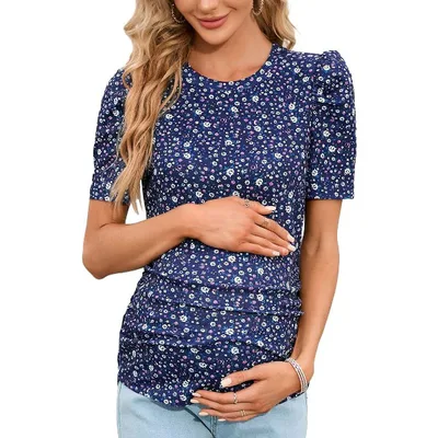 Target Clearlove Maternity Casual Shirts Women's Puff Short Sleeve T-Shirt Pregnancy Striped Ruched Side Tunic Top Navy blue floral print Large