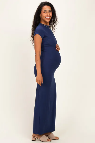 PinkBlush Navy Fitted Short Sleeve Maternity Maxi Dress