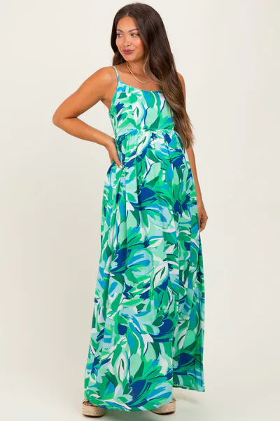 PinkBlush Green Printed Shoulder Tie Maternity Maxi Dress