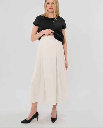 MARION Maternity Pleated Maternity Maxi Skirt in Cream Satin | Over/Under Bump