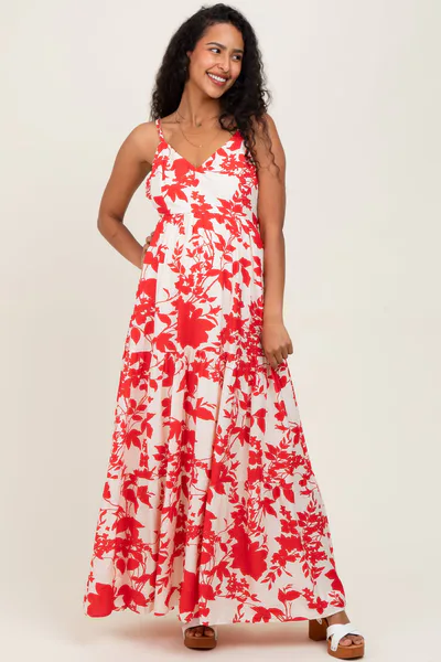 PinkBlush Red Floral Cutout Tie Back Maternity Maxi Dress