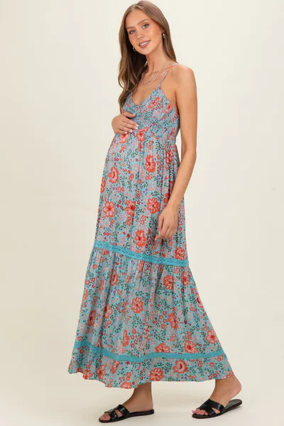 PinkBlush Mint Smocked Bust V Neck Lace Trim Maternity Maxi Dress
