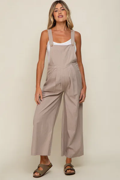 PinkBlush Taupe Front Pocket Pleated Linen Maternity Overall