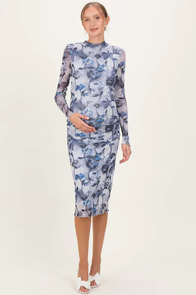 PinkBlush Blue Floral Mesh Long Sleeve Maternity Midi Dress