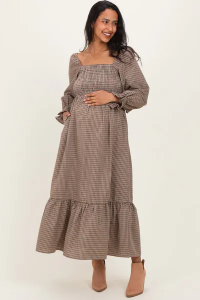 PinkBlush Chestnut Plaid Square Neck Long Sleeve Maternity Maxi Dress
