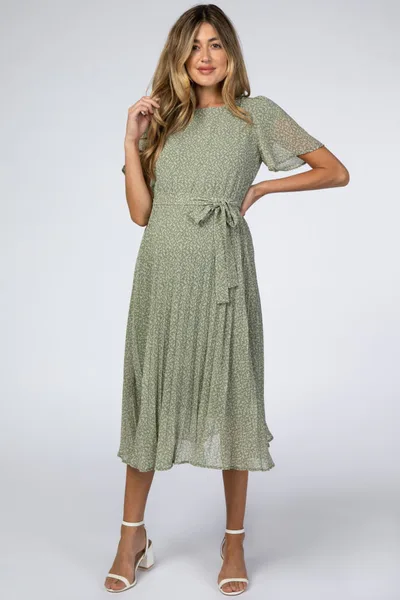 PinkBlush Light Olive Leaf Print Pleated Maternity Midi Dress