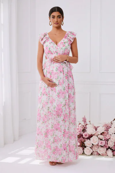 Summer Mae Summer Mae Floral Maternity Maxi Dress | V Neck Ruffle Sleeve Bump Friendly Baby Shower Dress