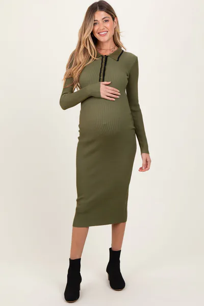PinkBlush Olive Contrast Trim Ribbed Knit Button Up Maternity Midi Dress