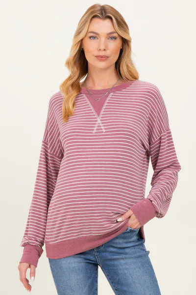 PinkBlush Mauve Striped Crew Neck Pullover Maternity Top