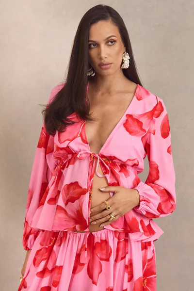 Club L London Asella | Pink Chiffon Plunge-Neck Front-Tied Top