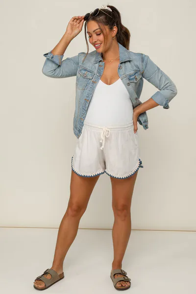 PinkBlush Cream Linen Blend Crochet Trim Drawstring Maternity Shorts