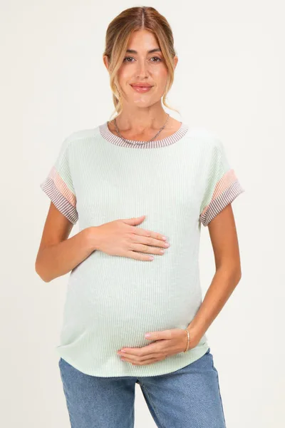 PinkBlush Mint Rib Color Block Short Sleeve Maternity Top