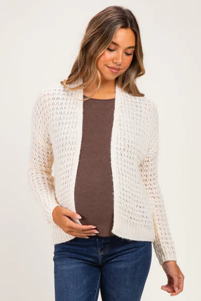 PinkBlush Ivory Chunky Waffle Knit Maternity Open Cardigan