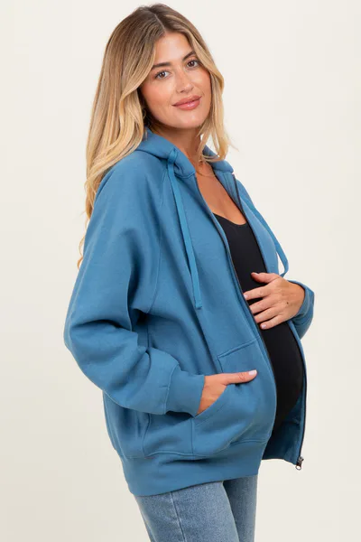 PinkBlush Blue Relaxed Fit Fleece Maternity Zip Hoodie