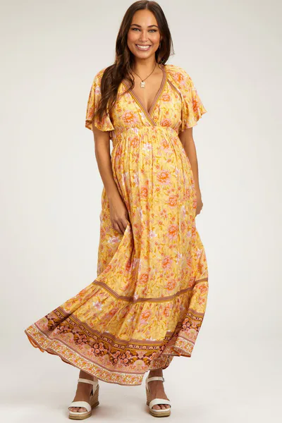 PinkBlush Yellow Floral Flounce Sleeve Maternity Maxi Dress