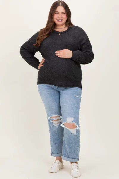 PinkBlush Light Blue Ripped Knee Rolled Cuff Straight Leg Maternity Plus Jeans