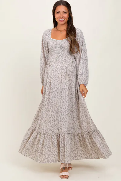 PinkBlush Lavender Floral Smocked Lace Trim Sweetheart Maternity Maxi Dress