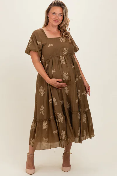PinkBlush Taupe Floral Print Ruffle Hem Maternity Plus Midi Dress