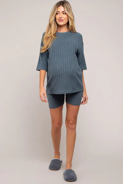 PinkBlush Blue Ribbed Soft Short Sleeve Maternity Shorts Set