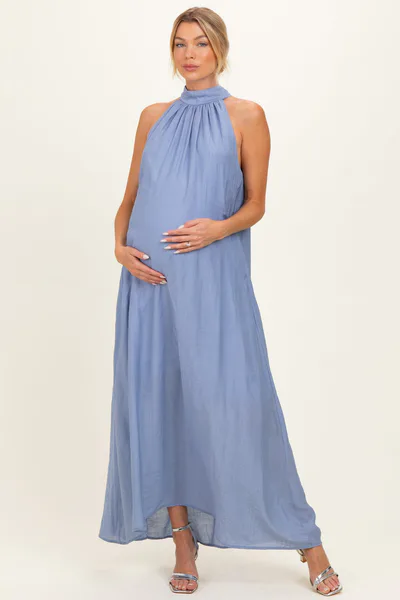 PinkBlush Light Blue Halter Maternity Maxi Dress