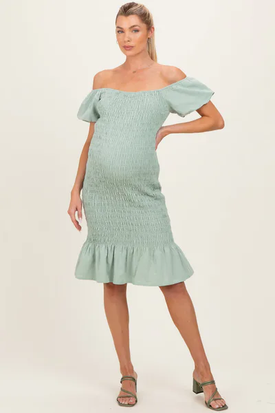 PinkBlush Sage Smocked Off Shoulder Ruffle Hem Maternity Dress