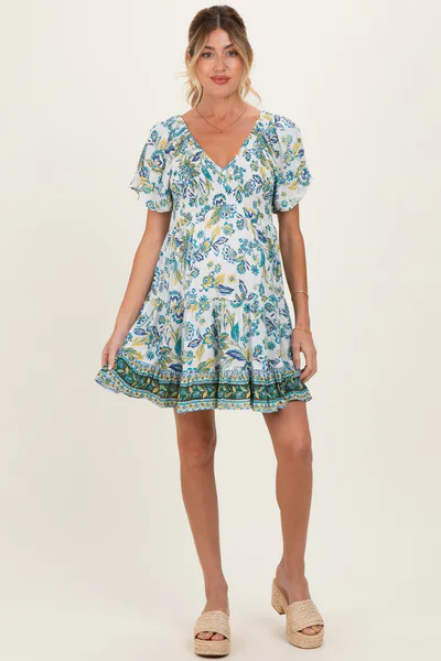 PinkBlush Ivory V Neck Smocked Bodice Short Sleeve Maternity Dress