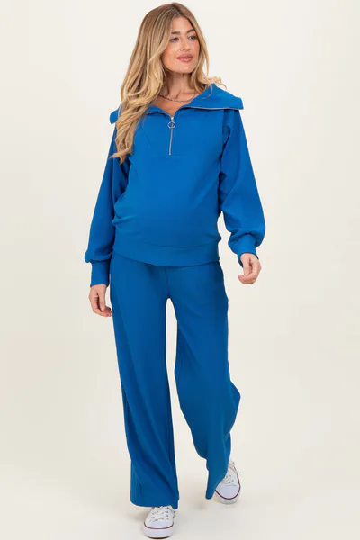 PinkBlush Blue Ribbed High Neck Half Zip Pullover Maternity Pant Set