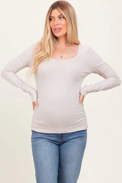 PinkBlush Taupe Ribbed Ruched Maternity Long Sleeve Top