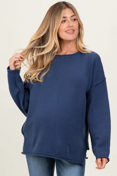 PinkBlush Navy Oversized Exposed Seam Maternity Sweater