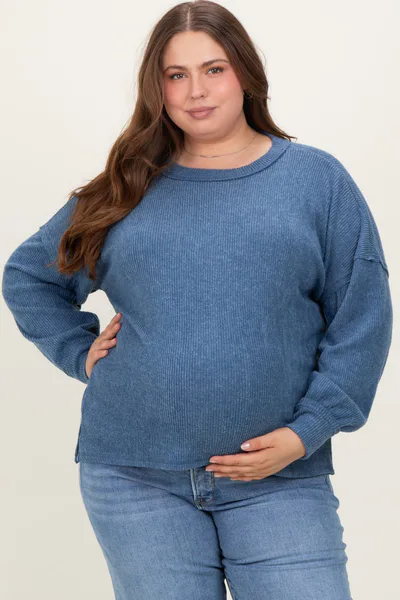 PinkBlush Blue Brushed Ribbed Knit Maternity Plus Pullover