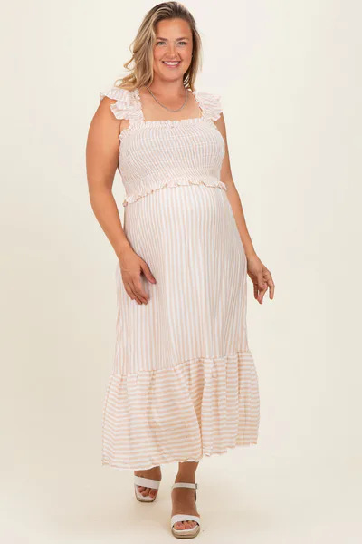PinkBlush Light Khaki Striped Smocked Maternity Plus Midi Dress