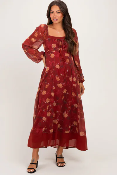 PinkBlush Burnt Ginger Floral Mesh Front Tie Maternity Maxi Dress