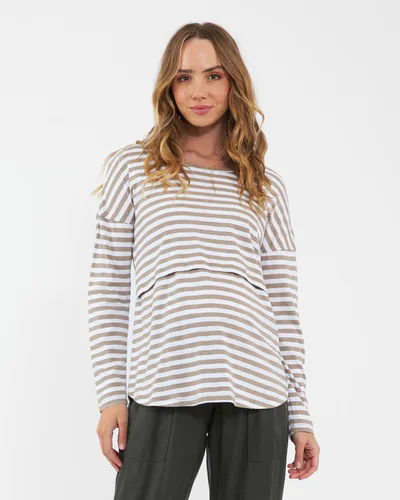 Ripe Maternity Lionel Long Sleeve Nursing Tee Taupe / White