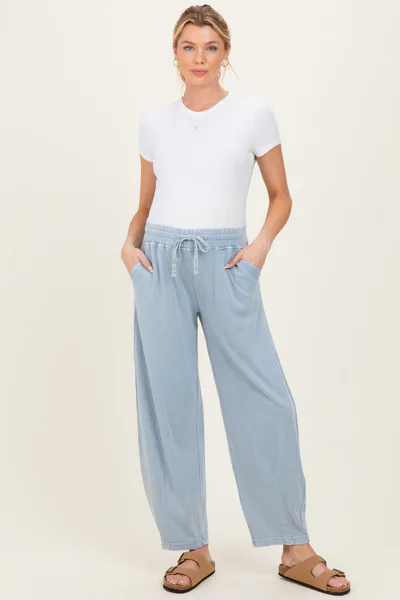 PinkBlush Light Blue Mineral Wash Barrel Leg Maternity Lounge Pants
