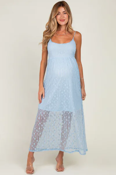 PinkBlush Light Blue Sleeveless Lace Maternity Maxi Dress