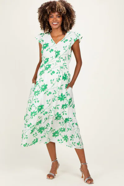 PinkBlush Green Floral Button Detail Maternity Midi Dress