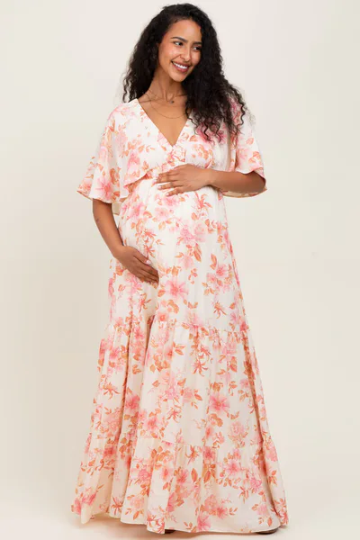 PinkBlush Pink Floral Satin Short Sleeve Deep V-Neck Tiered Maternity Maxi Dress