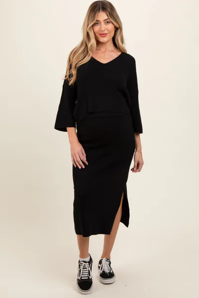 PinkBlush Black V-Neck Knit Maternity Skirt Set