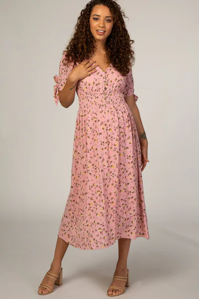 PinkBlush Pink Floral Tie Sleeve Maternity Midi Dress