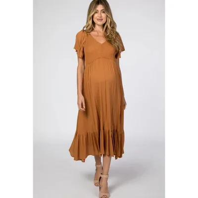 Target Pinkblush Camel Smocked V-Neck Maternity Midi Dress Large