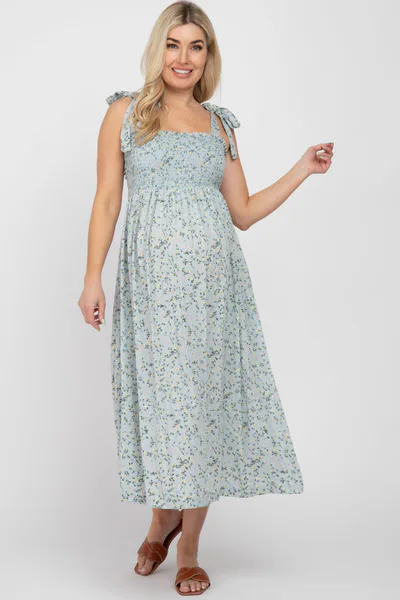 PinkBlush Light Blue Floral Smocked Tie Strap Maternity Midi Dress