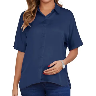 Target INSPIRE CHIC Women's Maternity Blouse Dolman Sleeve Loose Button Down Split Point Collar Short Sleeve Tops Pregnancy Shirts Large Navy