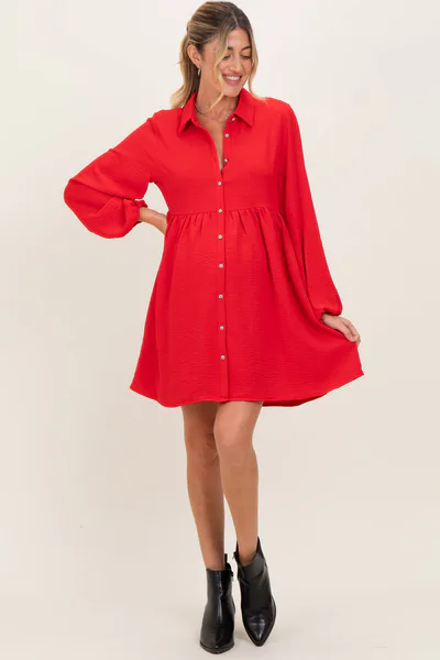 PinkBlush Red Tiered Back Detail Button Down Maternity Dress