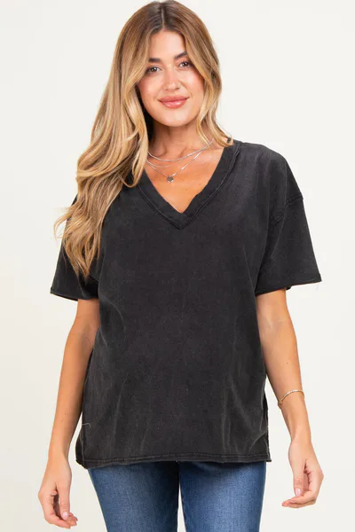 PinkBlush Black Washed V-Neck Oversized Maternity Tee