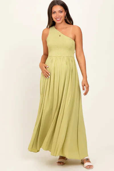 PinkBlush Green Smocked One Shoulder Maternity Maxi Dress