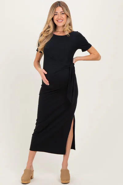 PinkBlush Black Short Sleeve Waist Tie Side Slit Maternity Maxi Dress