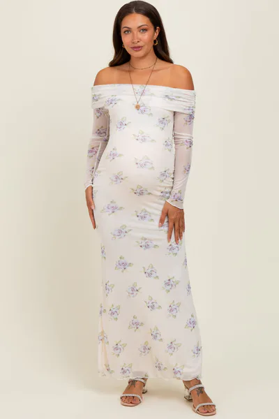 PinkBlush Ivory Floral Mesh Off Shoulder Foldover Maternity Maxi Dress