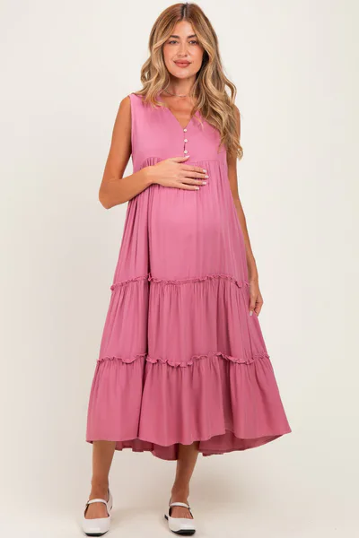 PinkBlush Pink Sleeveless Button Up Tiered Maternity Maxi Dress