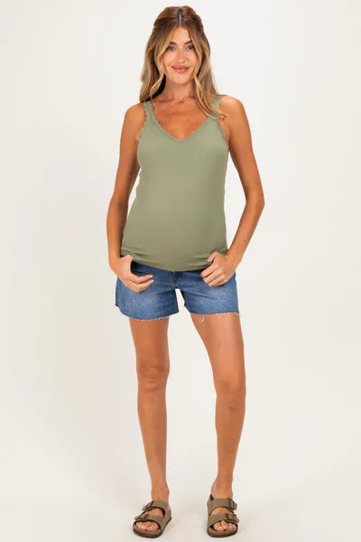 PinkBlush Blue Medium Wash Raw Hem Maternity Denim Shorts
