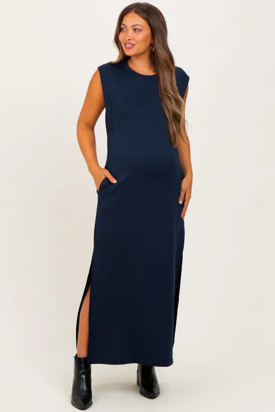 PinkBlush Navy Sleeveless Side Slit Maternity Midi Dress